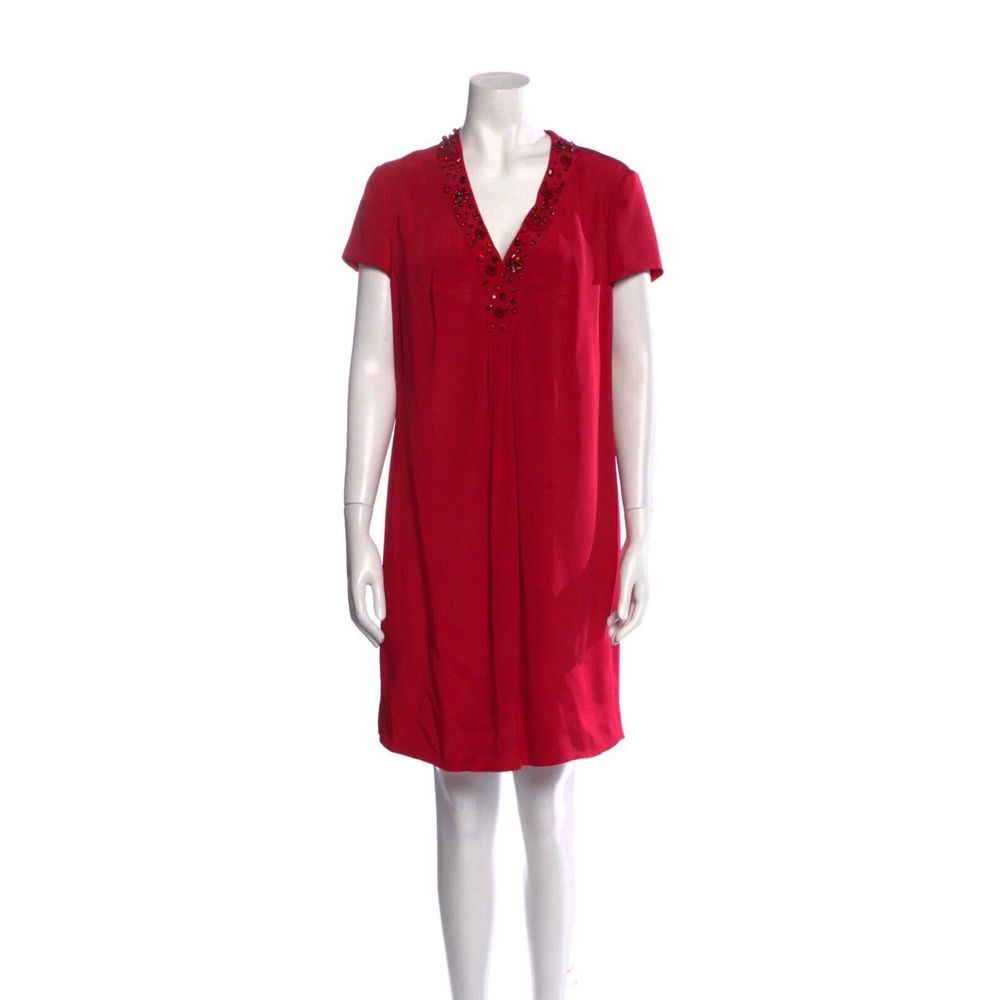 Valentino Women's Red‎ Silk Knee Length Beaded Sequin V Neck Crystal Dress Sz 4